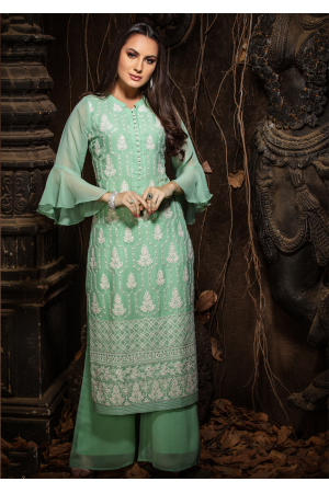 Light Green Color Designer Georgette Straight Cut Kurti